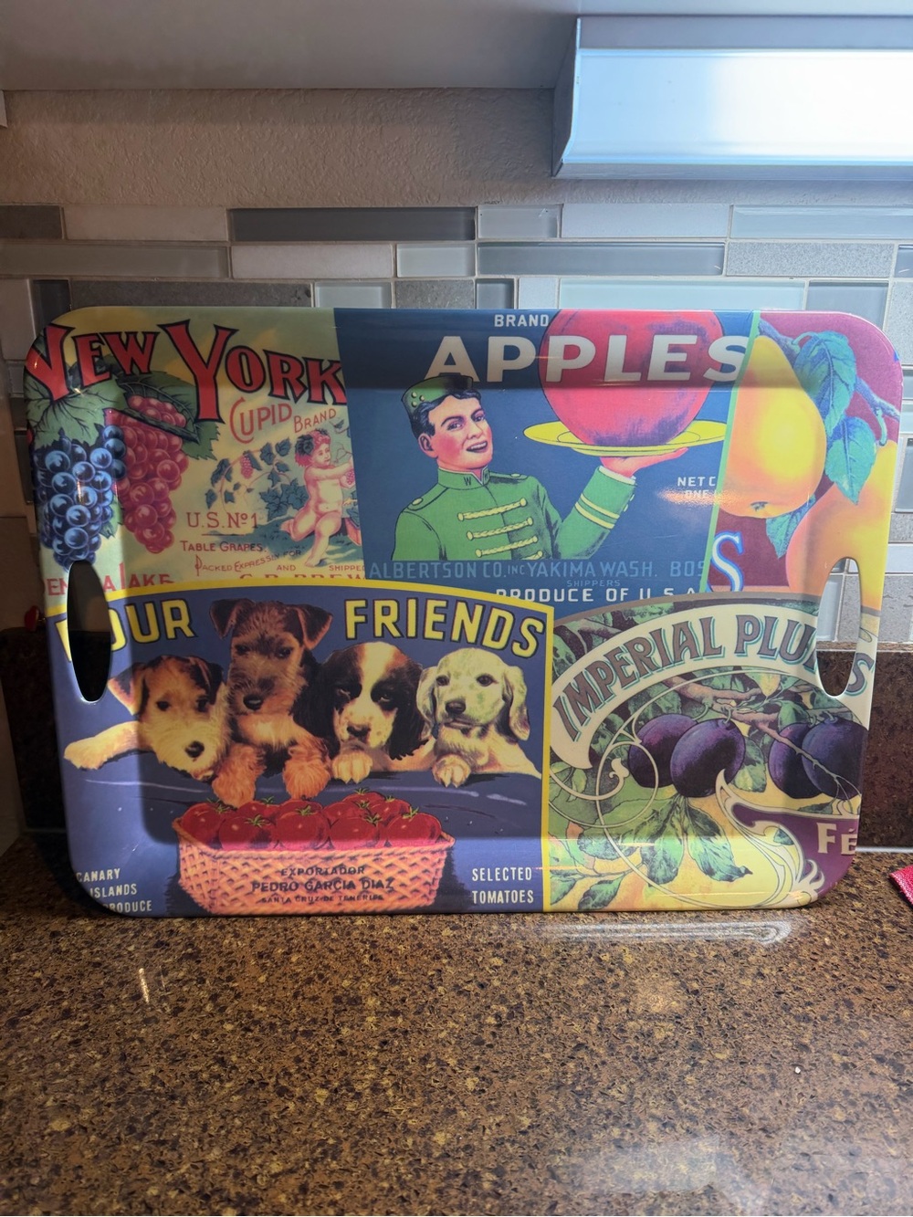 Sakura Multicolor Vintage Fruit & Puppy Collage Tray